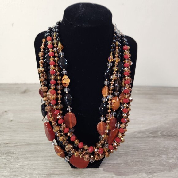 Multistrand Layered Beaded Necklace With Toggle Clasp In Red Black & Brown Tones - Picture 8 of 8